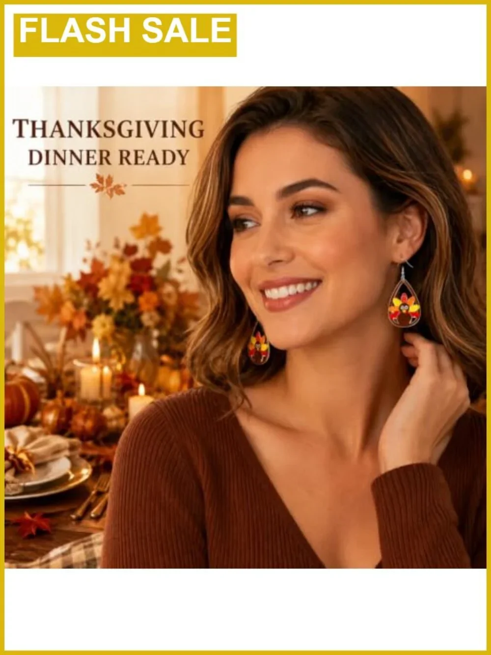Thanksgiving Turkey Dangle Earrings Acrylic Teardrop French Wire Women's